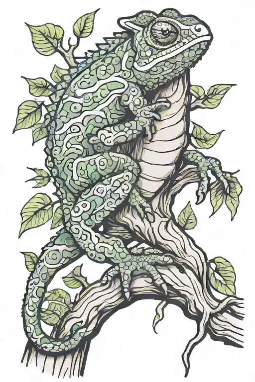 Psychedelic Pattern Chameleon Climbing Tree Trunk