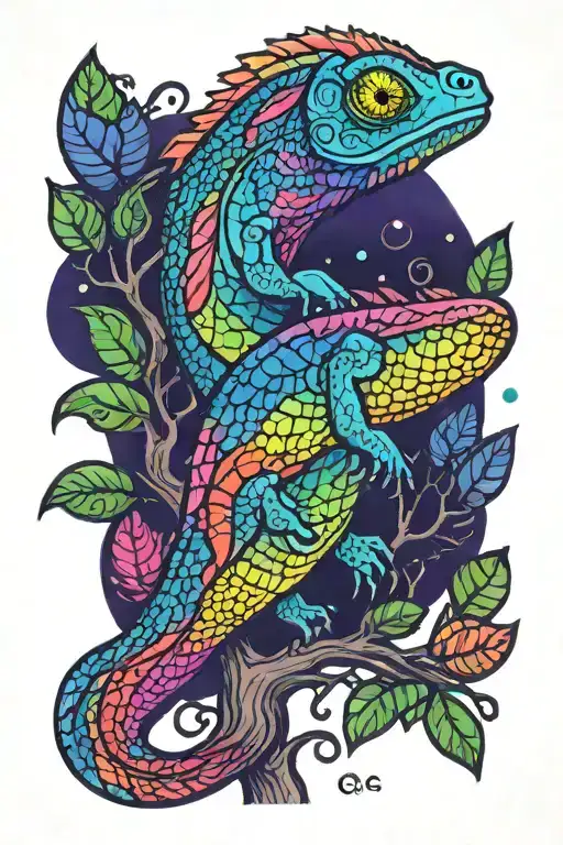 Psychedelic Chameleon With Bright Rainbow Scales Climbing A Tree