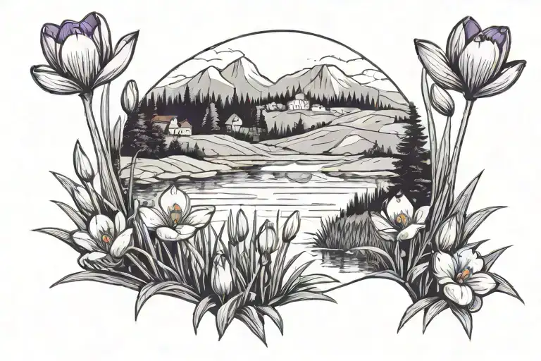 Meadow With Crocus Flowers In The Foreground And A Lake In The Background