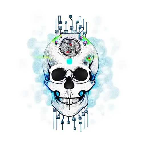 A Skull Adorned With Electronic Circuitry And Metal Motifs
