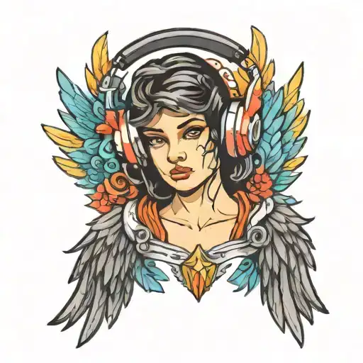 Fallen Angel With Colorful Wings Wearing Headset