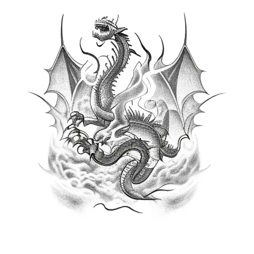 A New-school Tattoo Design Featuring A Dragon Breathing Fire Over A War Scene