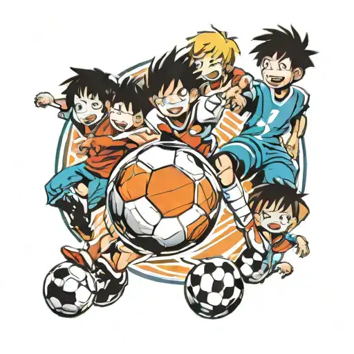 A Soccer Ball Being Kicked By A Family Of Anime Characters