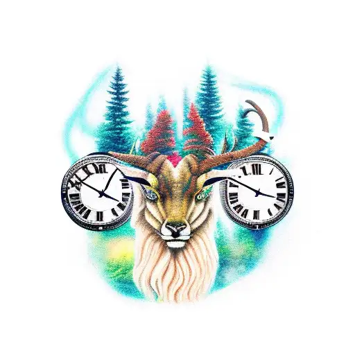 Forest With Capricorn Head In The Middle And Broken Clock On Top