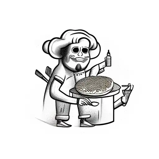 An Imaginative New-school Tattoo Of A Chef Cooking Burgers In A Haunted House
