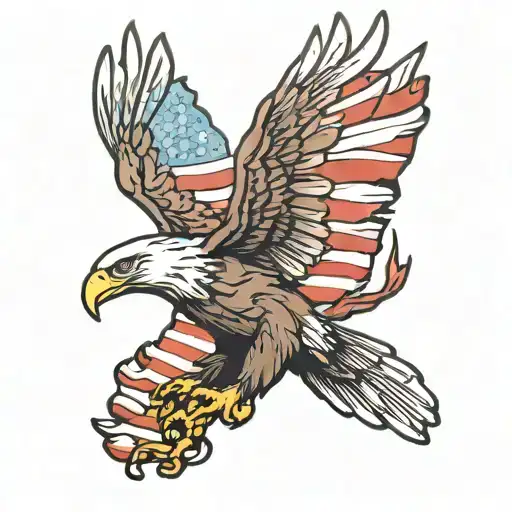 A New-school Design Of A Bald Eagle Flying Over A Forest With A Flag In Its Talons