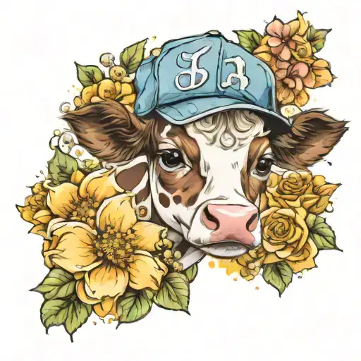 A Cute Baby Cow Wearing A Baseball Cap With A Background Of Watercolor Flowers And Lace