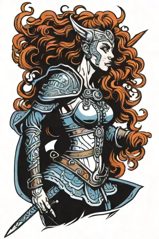 A Viking Warrior Woman With Curly Red Hair And Bright Blue Eyes Engaged In Battle