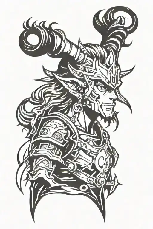 An Anime-inspired Tattoo Of A Warrior With Devil Horns And A Hairstyle That Resembles Flames