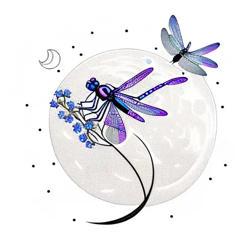 Dragonfly With Flowers And Moon