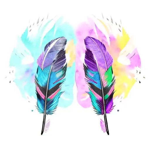 Two Raven Feathers With Watercolors Purple Blue And Pink