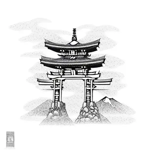 Torii Gate With Mount Fuji Background Black And White