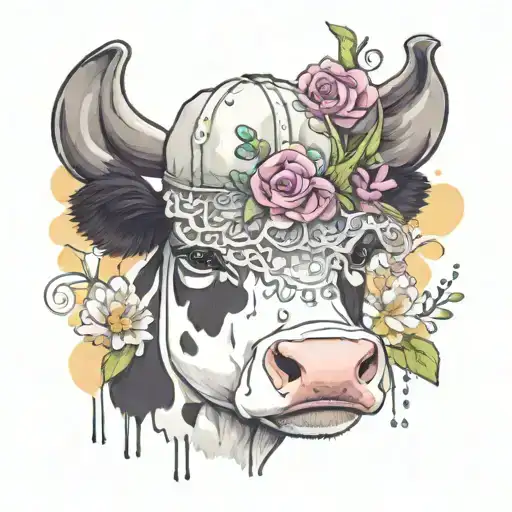 A Cute Cow Wearing A Baseball Cap With A Background Of Watercolor Flowers And Lace