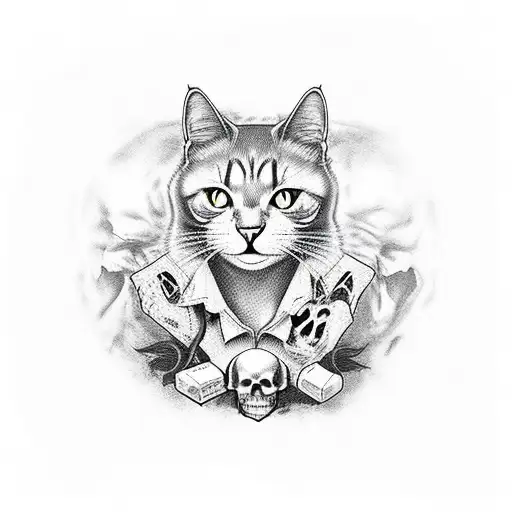 Black Cat Sitting On Skull