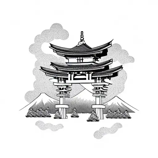 Torii Gate With Mount Fuji Background Black And White