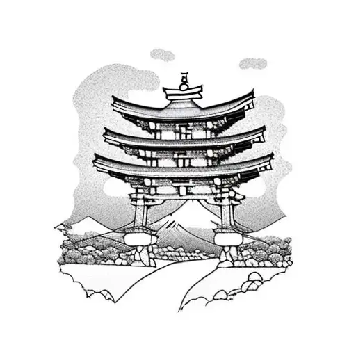 Torii Gate With Mount Fuji Background Black And White