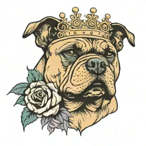 A New-school Style Tattoo Of An American Bully Dog Wearing A Crown And Surrounded By Roses