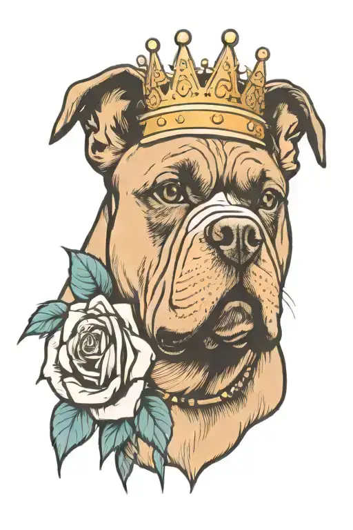 A New-school Style Tattoo Of An American Bully Dog Wearing A Crown And Surrounded By Roses