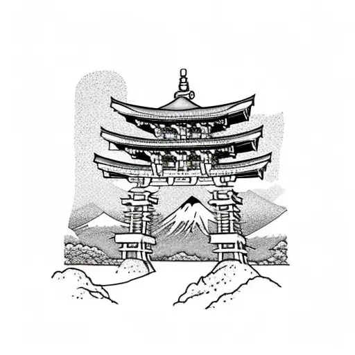 Torii Gate With Mount Fuji Background Black And White