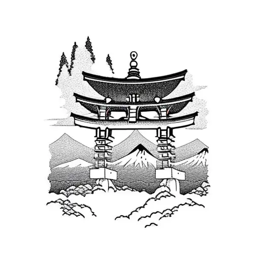 Torii Gate With Mount Fuji Background Black And White