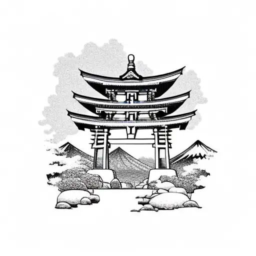 Torii Gate With Mount Fuji Background Black And White