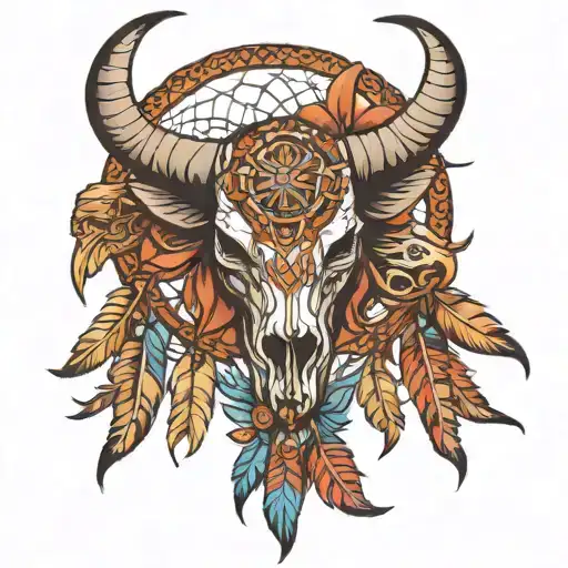 An Aztec-inspired Dream Catcher With Bull Skulls Leaning And Forming