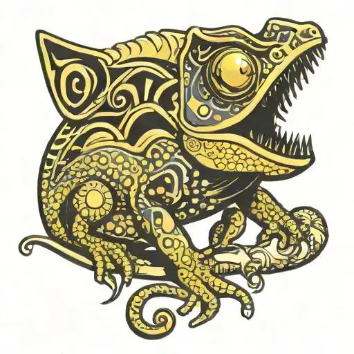 Gold And Black Chameleon Climbing