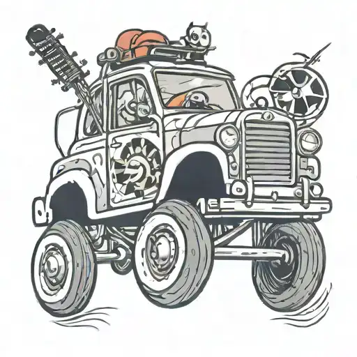 A Cartoon-inspired Tattoo Of A Car With Musical Instruments As The Wheels And Spiderman Driving