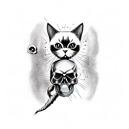 Black Cat Sitting On Skull