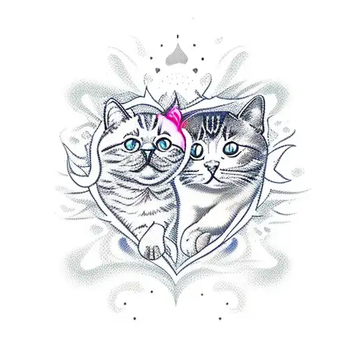 A Very Minimalistic Design Of A Heart And A Cat And Flames