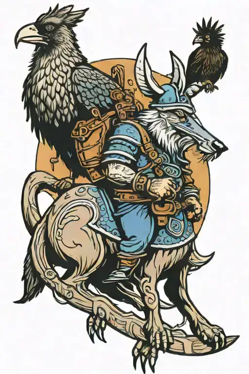 Viking Riding A Kangaroo With A Magpie On Left Shoulder And Crow On Right Shoulder