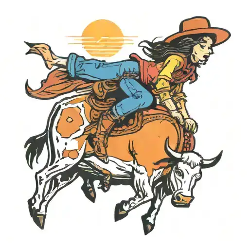 A Cowgirl Riding A Cow Into A Vibrant Sunset