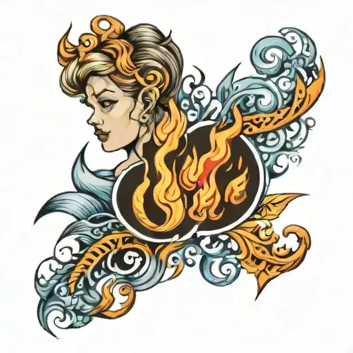 Unique Couple Tattoo Combing Element Of Fire And Water