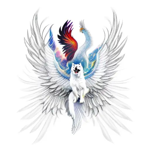 A Phoenix And Husky Depicted As Celestial Beings With Wings And Halos