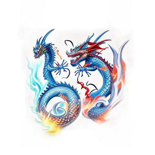 A New-school Design Of Two Dragons Playing With Fire And Water Elements