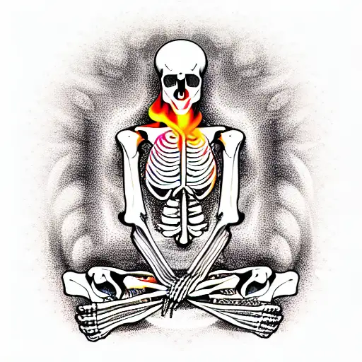 Skeleton Meditating On Skulls With Flame Background