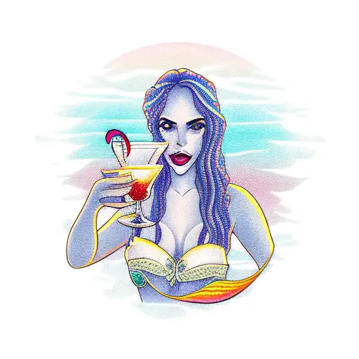 A Mermaid Holding A Cocktail Glass With A Sunset Over The Sea In The Background