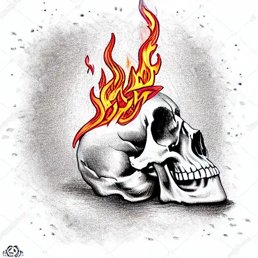 Skeleton Meditating On Skulls With Flame Background