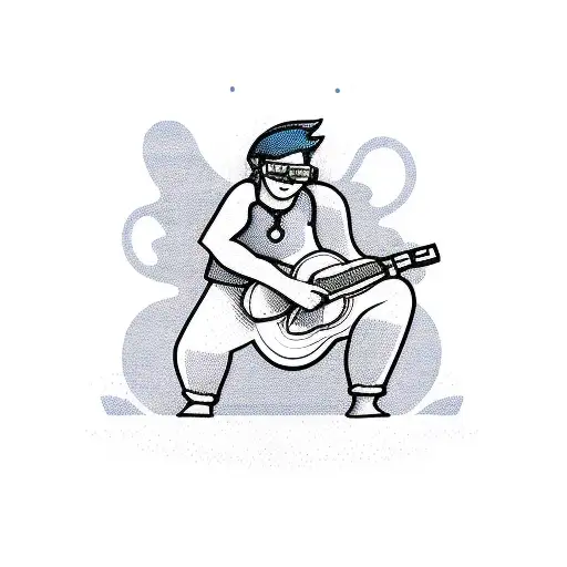 A Minimalist Tattoo Of A Video Game Character Playing A Guitar On A Beach