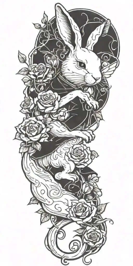 White Rabbit Stretching Out And Roses Intertwined With Vines Wrapped