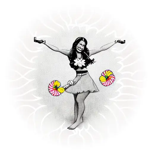 Sailor Jerry Style Hula Girl Playing Ukelele On Surfboard With Hawiian Flowers Background