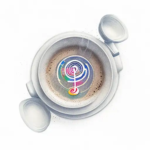 A New-school Tattoo Of A Coffee Cup With Musical Notes And A Beach Scene Inside It