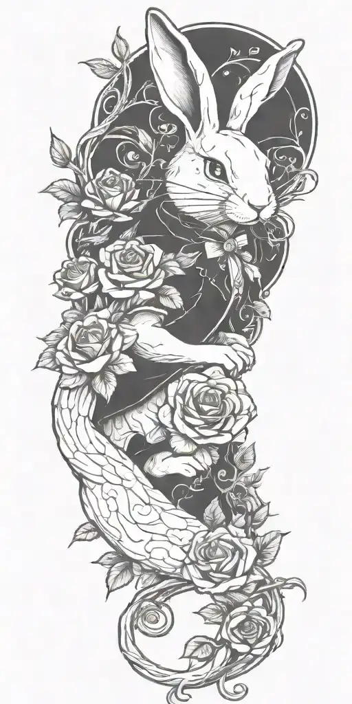 White Rabbit Stretching Out And Roses Intertwined With Vines Wrapped