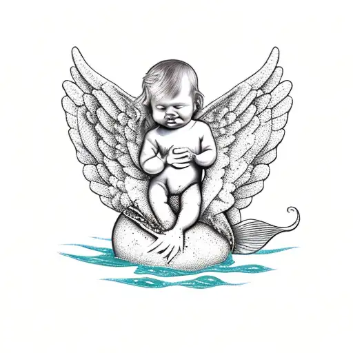 Baby Mermaid Sitting At The Bottom Of A Heart With Baby Angel Sitting On Top Of It