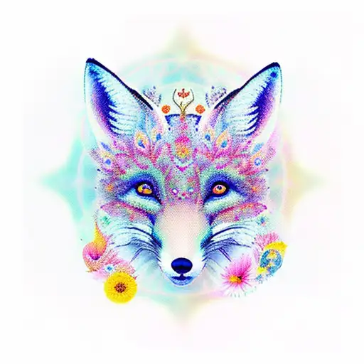 Spiritual Background Large Fox Face Vibrant Dimension With Flowers And Mushrooms And Berries