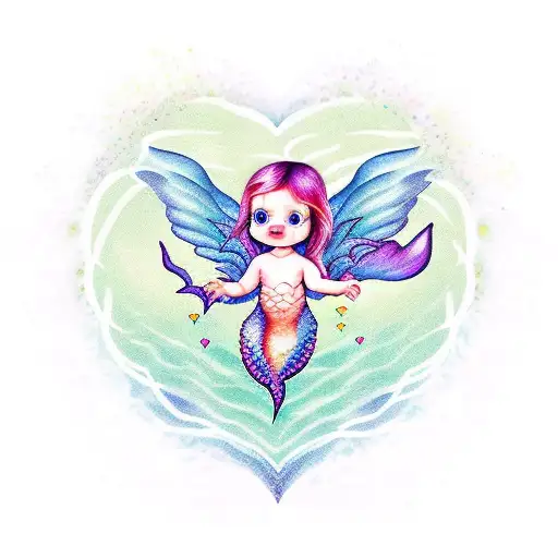 Baby Mermaid Sitting At The Base Of A Granet Colored Heart With Baby Angel Sitting On Top Of It
