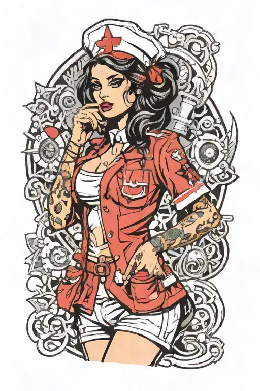 Sexy Woman Dark Hair Tattoos Nurse