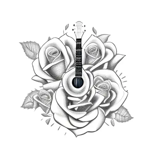 A Rock N Roll Inspired Tattoo Featuring A Guitar And Roses