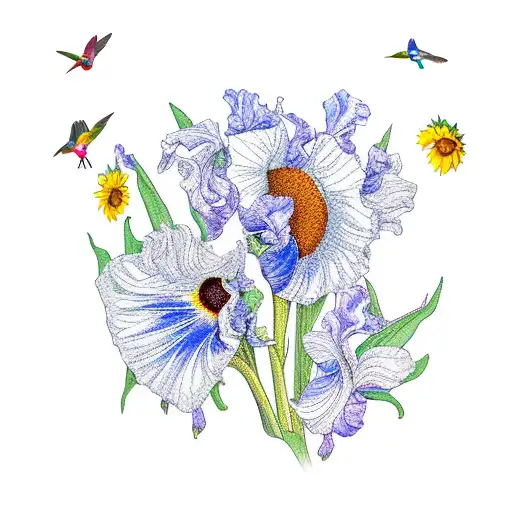 A Vibrant Sunflower And Iris Bouquet With A Hummingbird Hovering Above