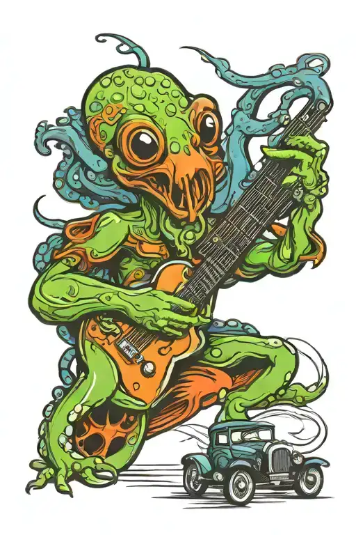 Octopus Playing Guitar Driving A Hot Rod Car
